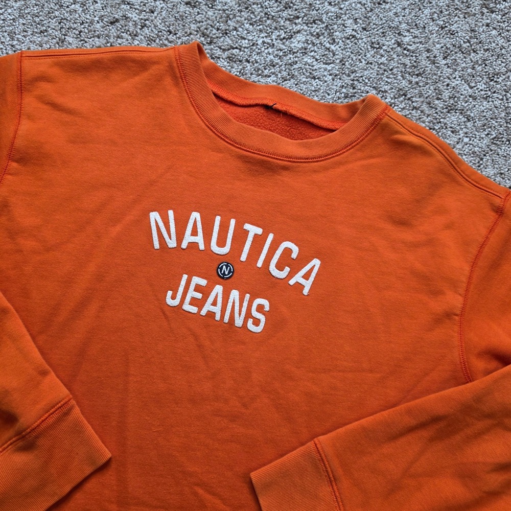 Nautica Jeans Sweatshirt Womens Orange Embroidered Logo Fleece Pullover Ladies